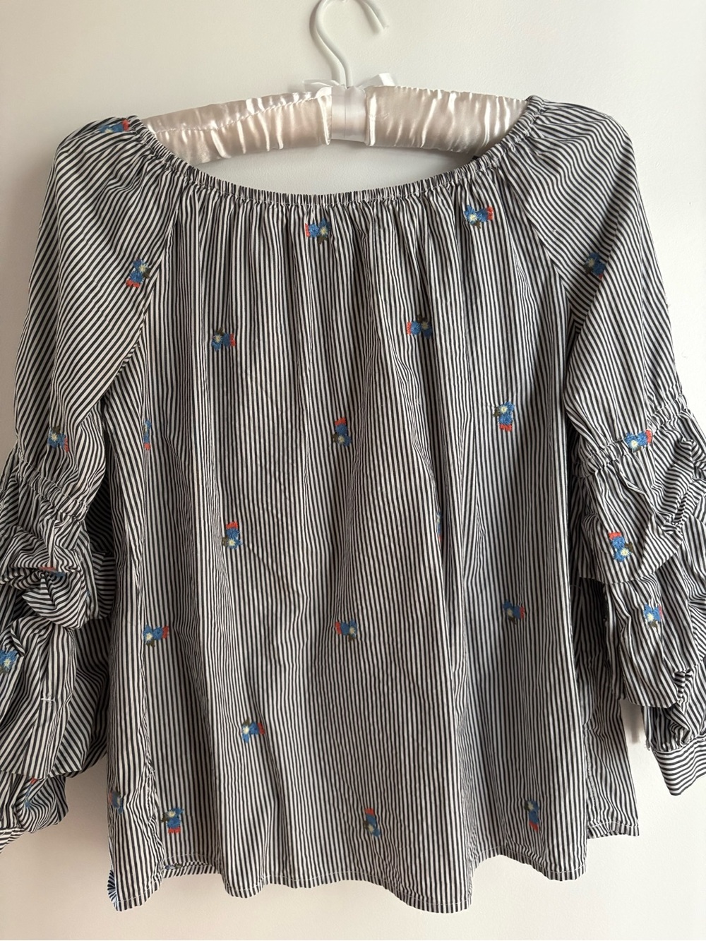 Sanctuary Black & White Striped Off-Shoulder Blouse with Blue and Red Embroidery